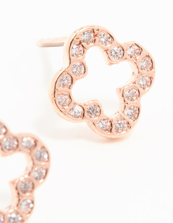 Rose Gold Plated Sterling Silver Hollow Pave Flower Stud Earrings