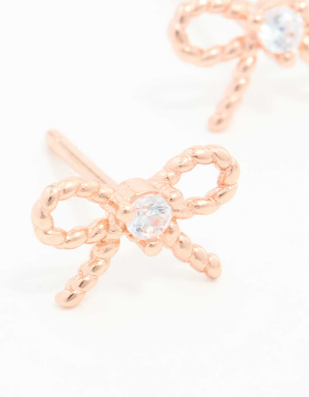 Rose Gold Plated Sterling Silver Cubic Zirconia Textured Bow Stud Earrings