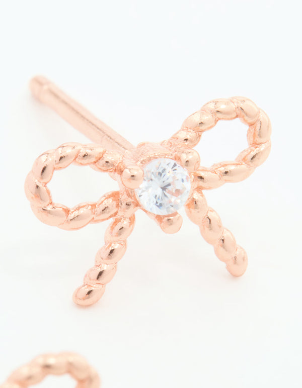 Rose Gold Plated Sterling Silver Cubic Zirconia Textured Bow Stud Earrings