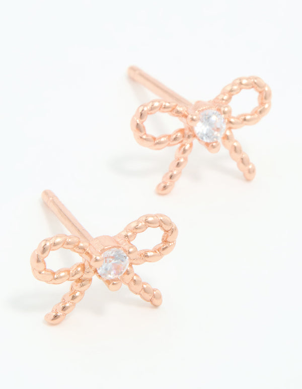 Rose Gold Plated Sterling Silver Cubic Zirconia Textured Bow Stud Earrings