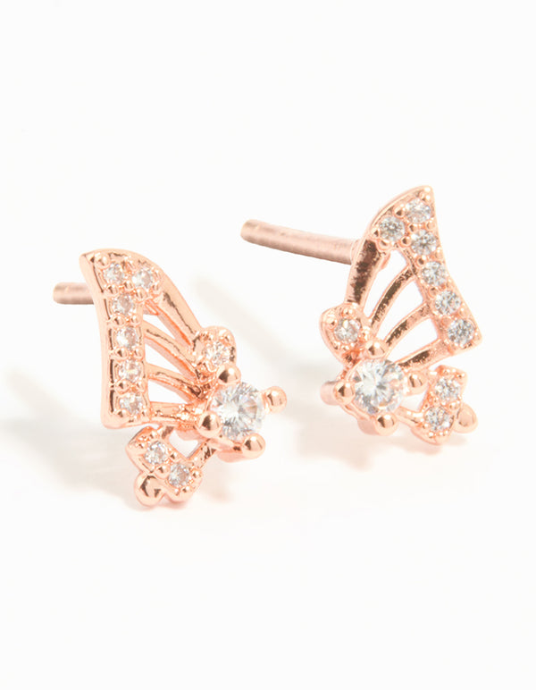 Rose Gold Plated Sterling Silver Cubic Zirconia Butterfly Wing Stud Earrings