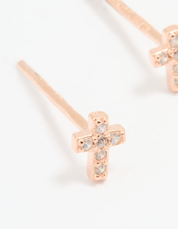 Rose Gold Plated Sterling Silver Cubic Zirconia Mini Cross Stud Earrings
