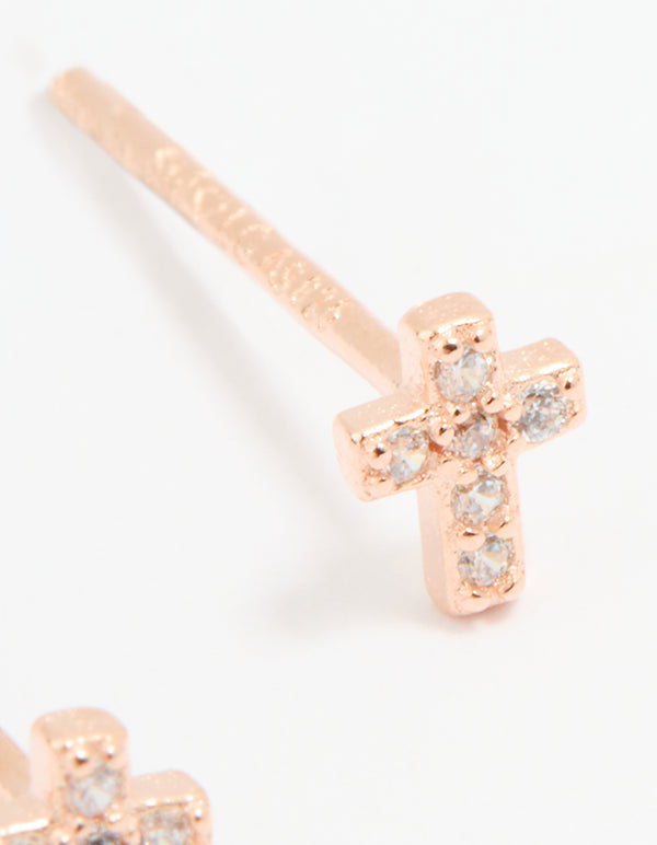 Rose Gold Plated Sterling Silver Cubic Zirconia Mini Cross Stud Earrings