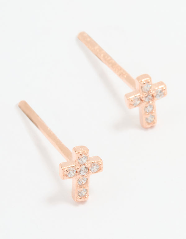 Rose Gold Plated Sterling Silver Cubic Zirconia Mini Cross Stud Earrings