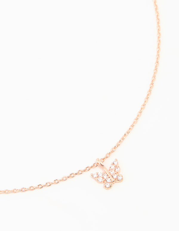 Rose Gold Plated Sterling Silver Cubic Zirconia Mini Butterfly Necklace