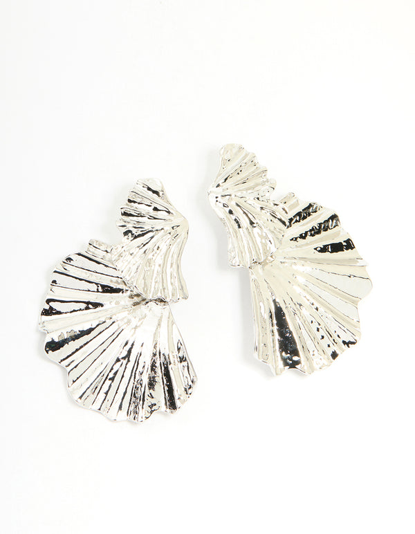 Silver Textured Metal Fan Drop Earrings
