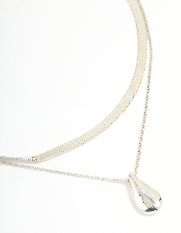 Silver Snake Chain & Organic Pendant Double Layered Necklace