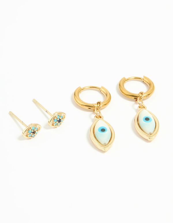 Waterproof Gold Plated Stainless Steel Double Evil Eye Earrings 2-Pack