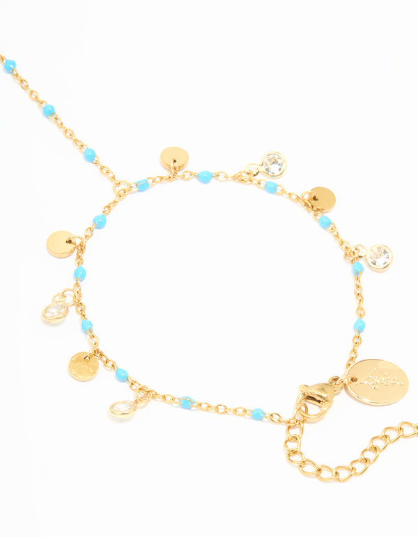 Waterproof Gold Plated Stainless Steel Blue Bead & Disc Hand Chain