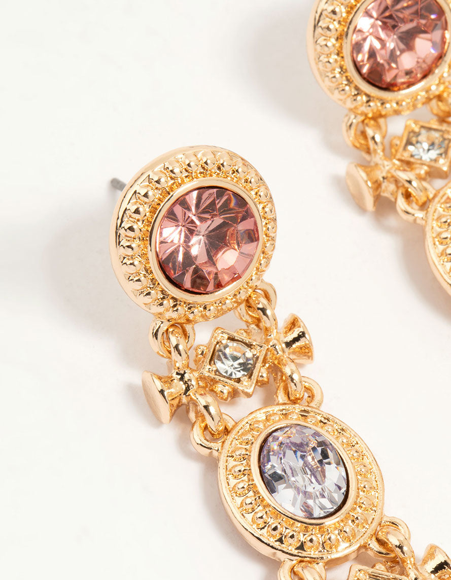Gold Multicoloured Diamante Link Drop Earrings