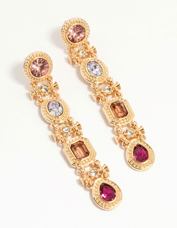 Gold Multicoloured Diamante Link Drop Earrings