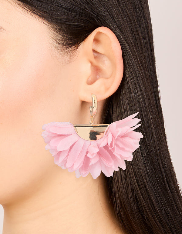 Gold Pink Fabric Large Petal Huggie Earrings