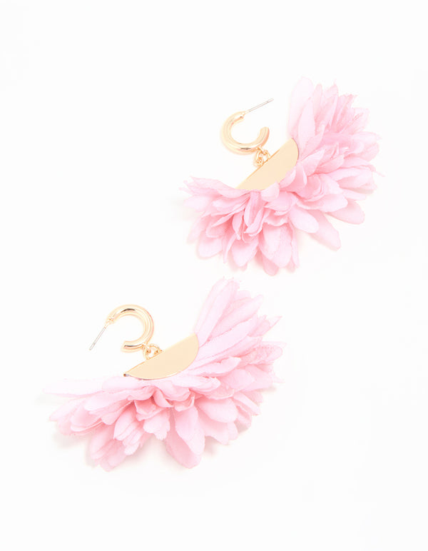 Gold Pink Fabric Large Petal Huggie Earrings