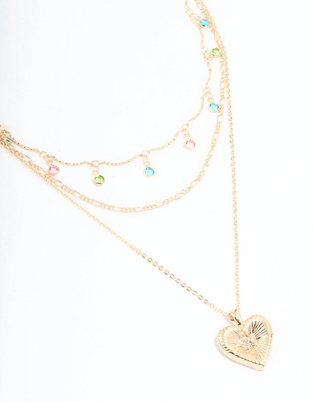 Gold Multicoloured Diamantes & Heart Layered Necklace