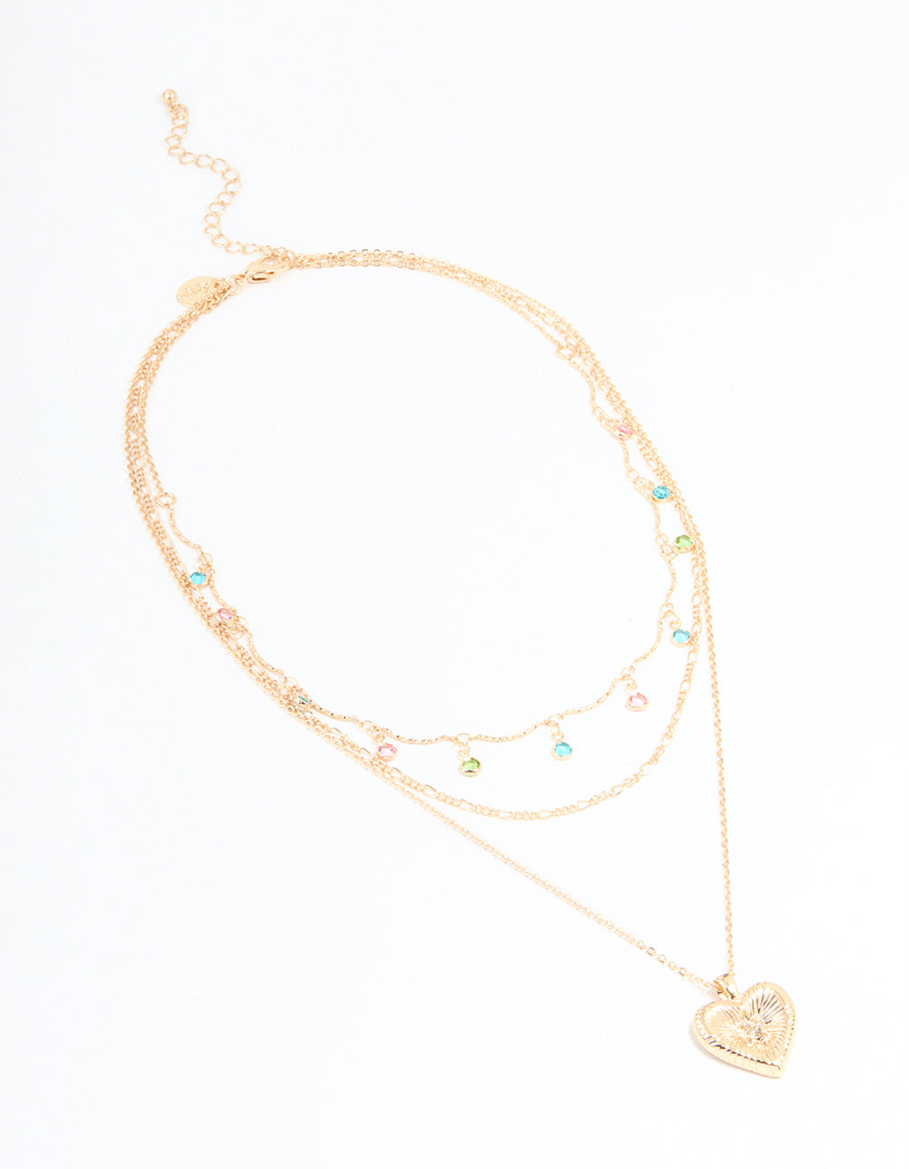 Gold Multicoloured Diamantes & Heart Layered Necklace