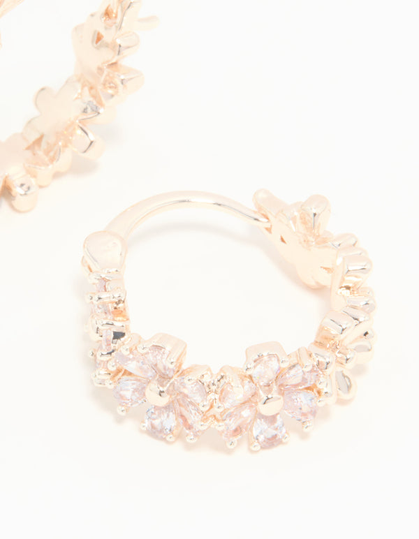 Rose Gold Plated Cubic Zirconia Flower Hoop Earrings