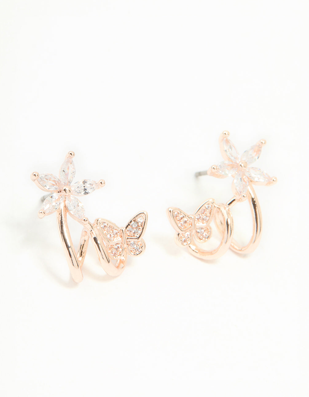 Rose Gold Plated Cubic Zirconia Flower Butterfly Ear Jacket Earrings
