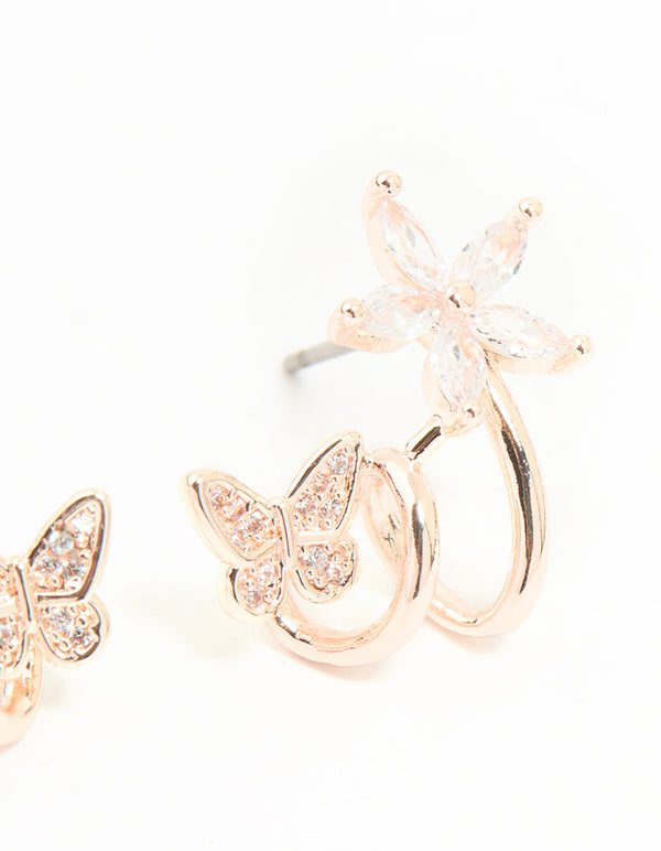Rose Gold Plated Cubic Zirconia Flower Butterfly Ear Jacket Earrings