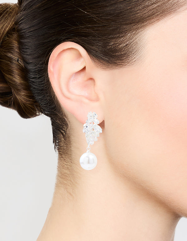 Silver Plated Cubic Zirconia Pearl Vine Hoop Earrings