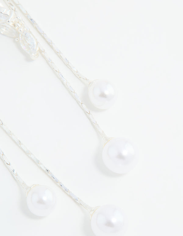 Silver Plated Cubic Zirconia Pearl Leaf Drop Hook Earrings