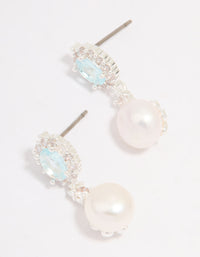 Silver Plated Blue Cubic Zirconia Freshwater Pearl Halo Drop Earrings - link has visual effect only