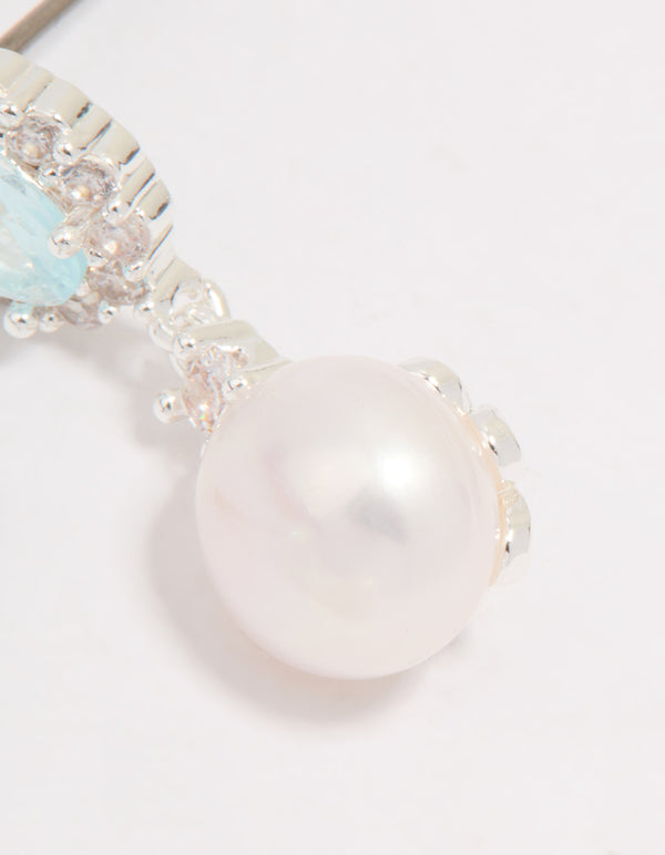 Silver Plated Blue Cubic Zirconia Freshwater Pearl Halo Drop Earrings