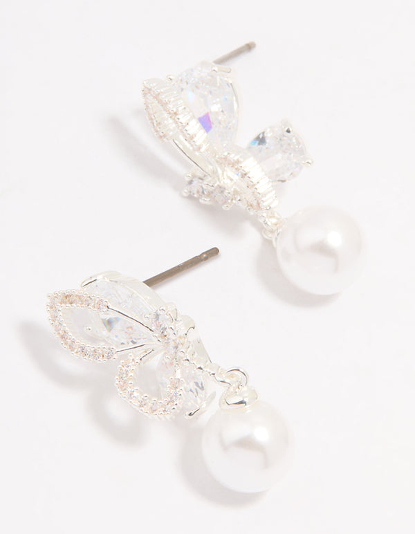 Silver Plated Cubic Zirconia Pearl Butterfly Drop Earrings