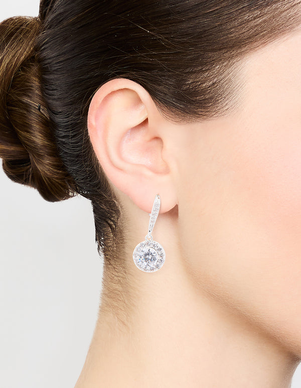 Silver Plated Cubic Zirconia Round Halo Drop Earrings