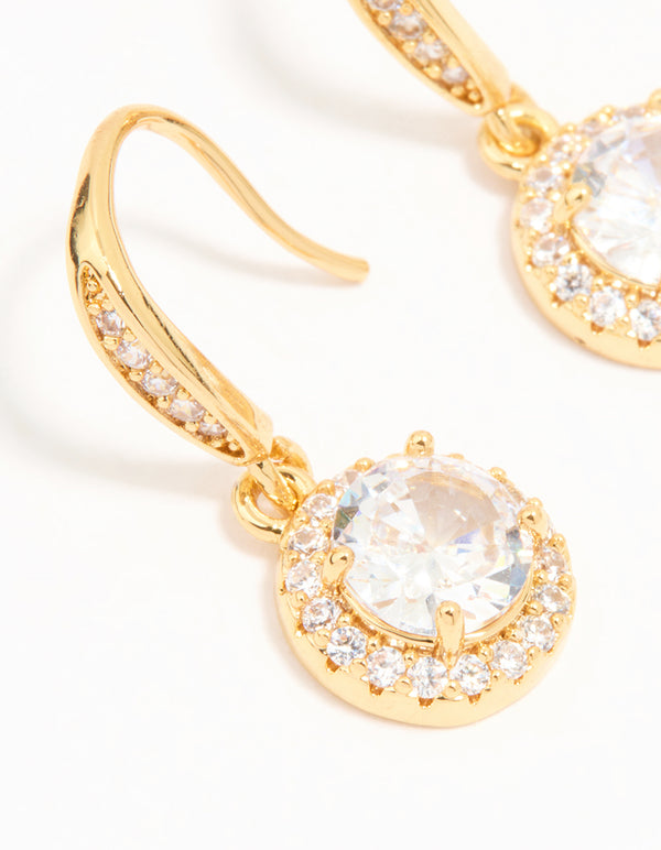 Gold Plated Cubic Zirconia Round Halo Drop Earrings