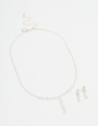 Silver Plated Cubic Zirconia Diamond Shaped Necklace & Earrings Set - link has visual effect only