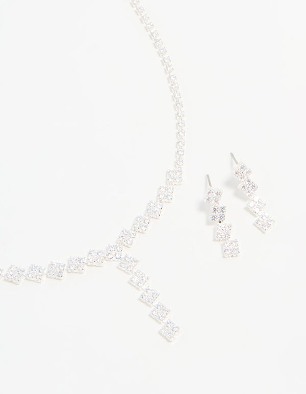 Silver Plated Cubic Zirconia Diamond Shaped Necklace & Earrings Set