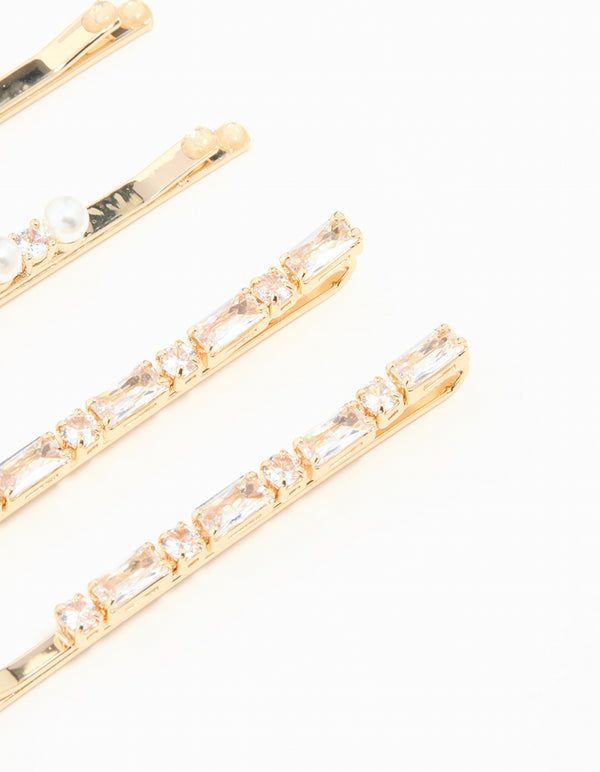 Gold Cubic Zirconia & Pearl Hair Clips 6-Pack