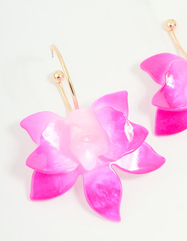 Pink Acrylic Orchid Hoop Earrings