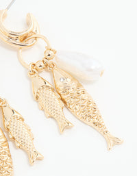 Gold Pearl Fish Charm Hoop Earrings - link has visual effect only