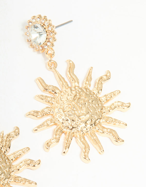 Gold Diamante Smiley Textured Sun Drop Earrings