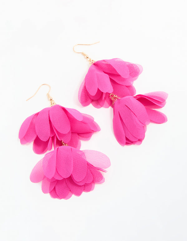Gold Pink Fabric Layered Flower Hook Earrings