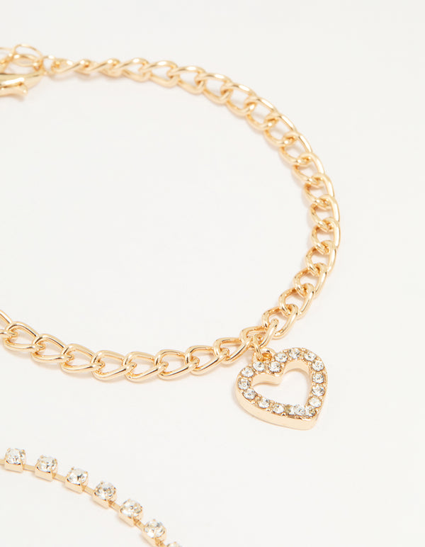 Gold Diamante Mixed Chain Heart Bracelets 3-Pack