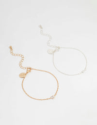 Mixed Metal Cubic Zirconia Heart Bracelets 2-Pack - link has visual effect only