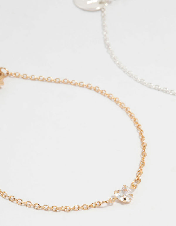 Mixed Metal Cubic Zirconia Heart Bracelets 2-Pack