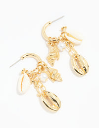 Gold Pearl & Shell Charm Drop Earrings - link has visual effect only