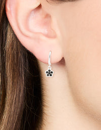 Sterling Silver Black Cubic Zirconia Flower Huggie Earrings - link has visual effect only