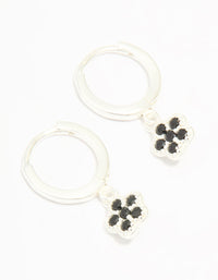 Sterling Silver Black Cubic Zirconia Flower Huggie Earrings - link has visual effect only