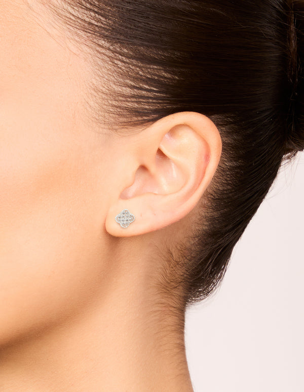 Sterling Silver Cubic Zirconia Pave Flower Stud Earrings