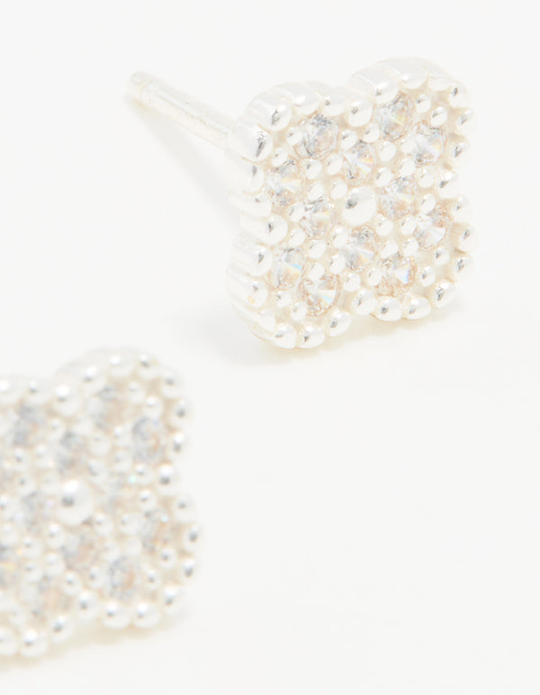 Sterling Silver Cubic Zirconia Pave Flower Stud Earrings