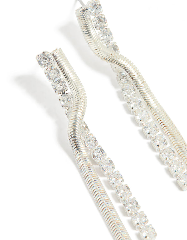 Silver Cubic Zirconia Snake Chain Drop Earrings