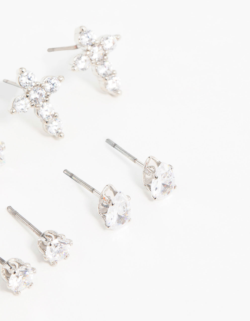Silver Classic Cubic Zirconia Cross Stud Earrings 6-Pack