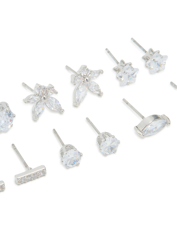 Silver Cubic Zirconia Heart & Flower Stud Earrings 6-Pack