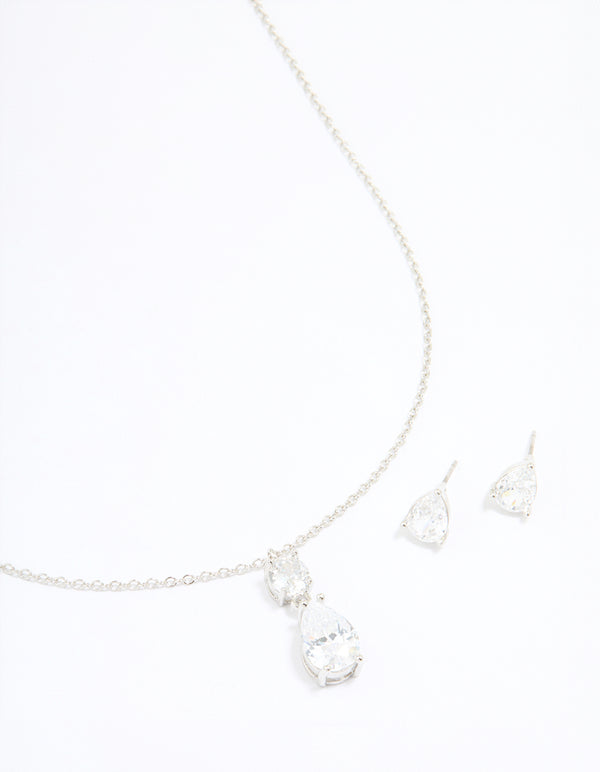 Silver Cubic Zirconia Classic Teardrop Earrings & Necklace Set
