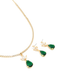 Gold Green Cubic Zirconia Pear Necklace & Earrings Set - link has visual effect only
