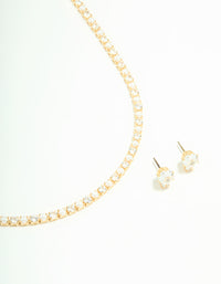 Gold Cubic Zirconia Pearl Tennis Necklace & Earrings Set - link has visual effect only